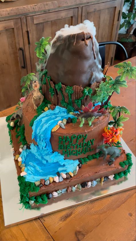 Dinosaur Volcano Cake Lava, Dinosaur Volcano Birthday Cake, Magical Forest Cake, Gigantosaurus Birthday Cake, Volcano Dinosaur Cake, Volcano Cakes For Kids, Dinosaur Cake With Volcano, Edible Volcano, Erupting Volcano Cake