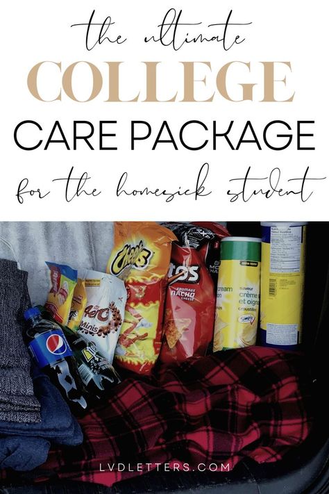 THE ULTIMATE COLLEGE CARE PACKAGE FOR THE HOMESICK STUDENT. Black and gold text on white banner over picture of college student care package that includes snacks like chips, chocolate, pop, and blankets Homesick College Student, College Freshman Survival Kit, College Student Needs, Freshman Advice, Freshman Tips, Pastel Highlighter, College Freshman, Cold Medicine, College School Supplies