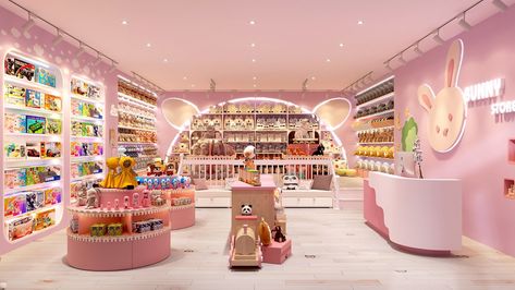 Pink cute toy store interior design furniture layout Toy Store Interior Design, Toy Store Interior, Oversized Stuffed Animals, Store Interior Design, Logo Bakery, Pink Armchair, Interactive Display, Bakery Logo, Popular Toys