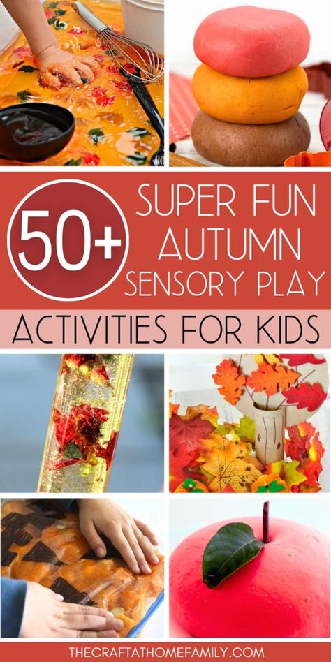 Looking for some fun fall-themed sensory activities for your child? Check out this big list of 50+ autumn sensory bins, bottles, bags and more! These fall sensory activity ideas are perfect for babies, toddlers, preschoolers, or children of any age who happen to enjoy sensory play. If your child loves play dough, slime, sensory bins, sensory tables, sensory bottles or sensory bags, they'll love this list of fall sensory play ideas. Entertain your kids with these DIY autumn sensory activities! Pre K Fall Sensory Bins, Fall Activities For Daycare, October Sensory Table Ideas, Autumn Sensory Bin Preschool, Fall Sensory Ideas For Toddlers, Fall Toddler Sensory Activities, Autumn Activities For Infants, October Sensory Table, Fall Sensorial Activities