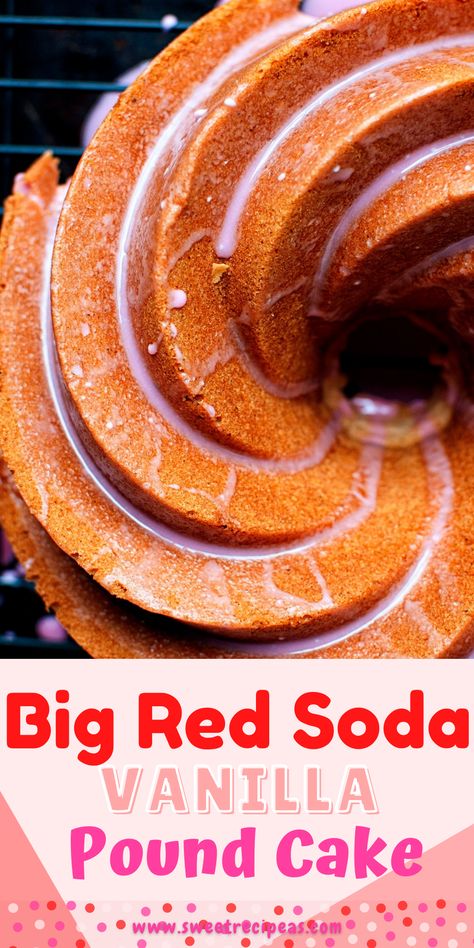 This Big Red Soda Vanilla Pound Cake is a twist on the southern classic 7-Up Pound Cake but uses Big Red Soda instead to give it a cream soda flavor. All covered in a Big Red Soda glaze. For more recipes like this visit SweetReciPEAs.com #poundcake #poundcakerecipes #southernrecipes #dessertrecipes #cakerecipes #bigredsoda #creamsoda Big Red Cake Recipe, Big Red Cake, Big Red Soda, Soda Cake Recipe, Soda Cakes, Vanilla Pound Cake Recipe, Best Pound Cake Recipe, Vanilla Pound Cake, 7up Pound Cake