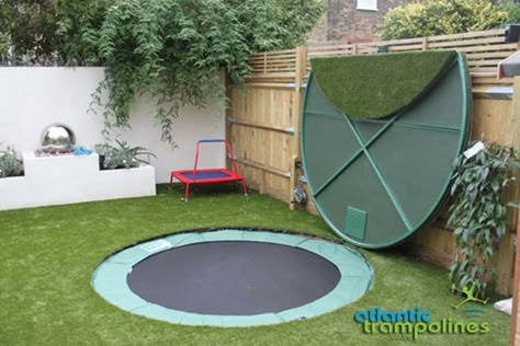 Sunken Trampoline  - worth a read before installing, love the grass covering Sunken Trampoline, In Ground Trampoline, Backyard Trampoline, Kids Garden, Backyard Playground, Trampolines, Dream Backyard, Backyard Fun, Artificial Grass