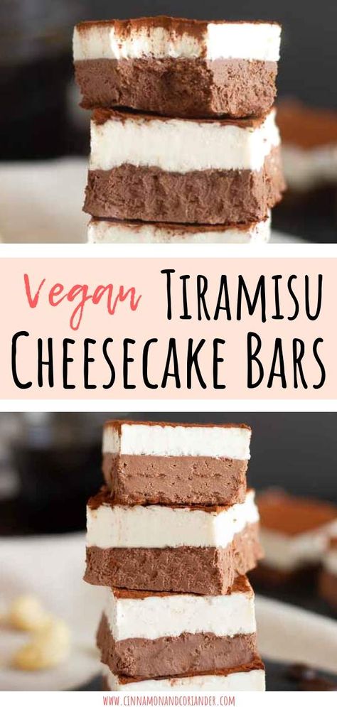 Vegan Tiramisu No-Bake Cheesecake - you gotta try this easy cashew nut based cheesecake recipe! It makes for the perfect healthy snack and you don't even have to turn on the oven #sugarfree #veganrecipes Vegan Tiramisu Cheesecake, Vegan Cheesecake Bars, Marscapone Cheese, Cashew Cheesecake, Gf Treats, Tiramisu Cheesecake, Vegan Tiramisu, Fast Desserts, Vegan Cheesecake Recipe