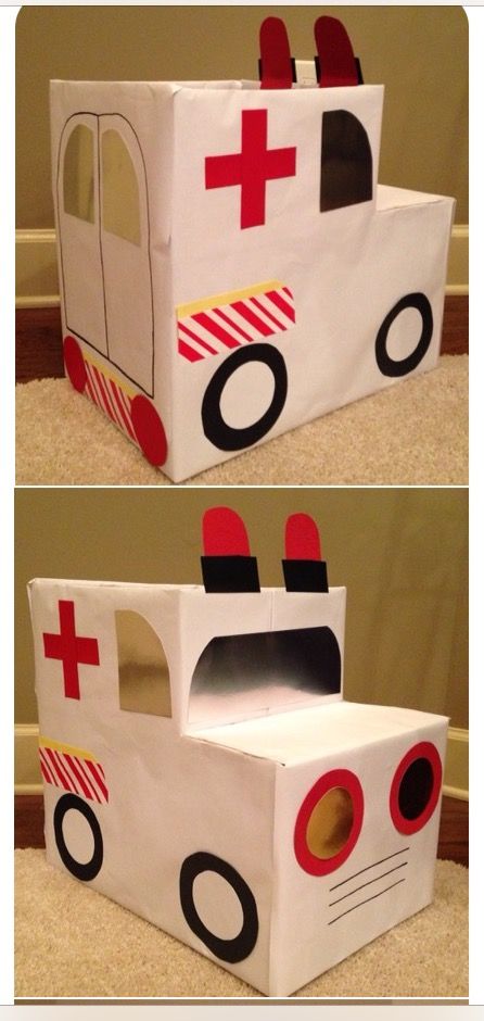 Ambulance from copy paper box for Children's church. Ambulance Costume, Ambulance Craft, Cardboard Bus, Easy Preschool Crafts, Car Activities, Vbs 2024, Center Ideas, Copy Paper, Kid Activities