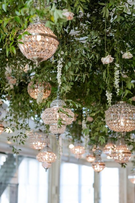 Hanging Greenery Wedding Ceilings, Faux Greenery Ceiling, Hanging Plants Wedding, Ceiling Installation Wedding, Hanging Crystals Wedding, Hanging Greenery Wedding, Crystal Wedding Decor, Candlelight Wedding, Candle Lit Wedding