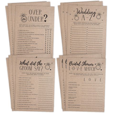 PRICES MAY VARY. ★ Rustic Kraft Design: Each game card features a stylish rustic kraft paper appearance, perfect for complementing a rustic or vintage-themed bridal shower or bachelorette party. ★ Variety of Games: Includes four entertaining games: Word Match, What Did The Groom Say, Over and Under, and Wedding Alphabet, designed to engage and amuse your guests. ★ Double-Sided Cards: Maximizes space and variety, with one game printed on each side of the 25 cards, providing a total of 50 playable Rustic Bridal Shower Games, Country Bridal Shower, Couples Bridal Shower, Bridal Shower Planning, Vintage Bridal Shower, Bridal Shower Inspiration, Wedding Shower Games, Bachelorette Games, Fall Bridal Shower