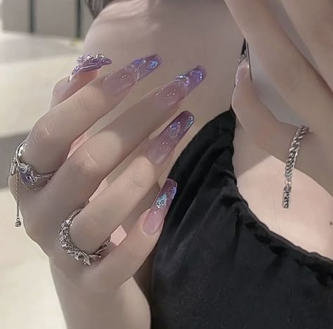 Korean Nail Art Aesthetic Purple, Asian Acrylic Nails Purple, Purple Nails Korean Style, Blush Purple Nails, Purple Jelly Nails Acrylic, Purple Blush Nails, Jelly Nails Purple, Purple Korean Nails, Purple Aesthetic Nails