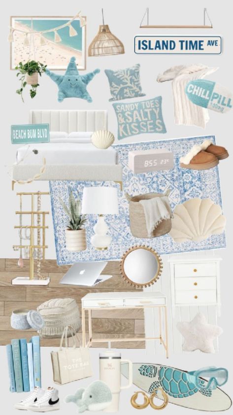 Sea Salt And Sand Room, Beach Themed Apartment, Blue Beach Room, Beach Theme Bedroom Aesthetic, Coastal Room Ideas, Blue Coastal Bedroom, Ocean Inspired Bedroom, Ocean Decor Bedroom, Surf Room Decor