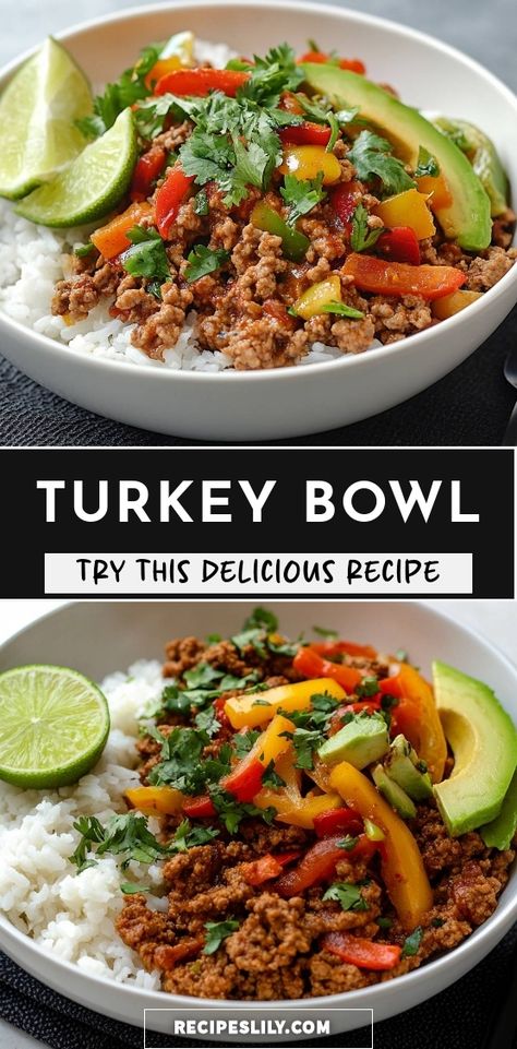 I love making this Turkey Bowl recipe for a quick and healthy dinner! It's packed with flavorful ground turkey, colorful bell peppers, and served over fluffy rice. Top it off with fresh cilantro and a squeeze of lime for an extra zing. Perfect for meal prep or a cozy family dinner! Healthy Turkey Ground Meat Recipes, Turkey And Rice Bowl, Ground Turkey And Rice Bowl, Crockpot Recipe With Ground Turkey, Ground Turkey Fajita Bowl, Ground Turkey And Asparagus Recipes, Ground Turkey And Bell Pepper Recipes, Ground Turkey Greek Bowl, Turkey Bowls Healthy