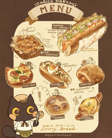 Vintage Cooking Aesthetic, Cute Food Art Wallpaper, Fantasy Food, Recipe Drawing, Food Doodles, 귀여운 음식 그림, Bakery Menu, Food Drawings, Foodie Art