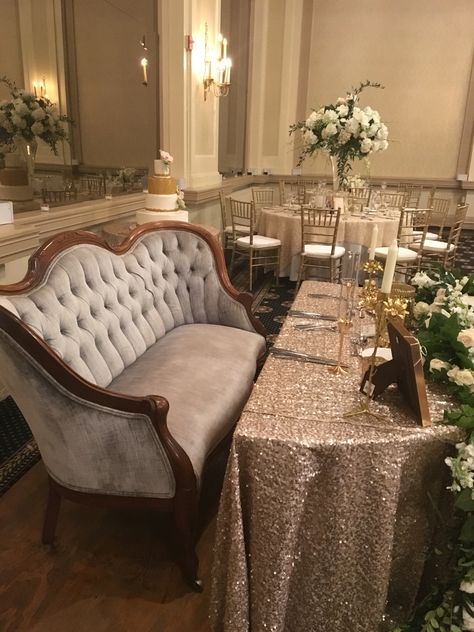 "Love" Seat for the Sweetheart Table. Sweetheart Table Loveseat Wedding, Sweet Hearts Table, Sweetheart Chairs Wedding, Hotel Bethlehem, Sweetheart Table Wedding, Sofa Bench, Wedding Aesthetic, 2024 Wedding, Masquerade Party