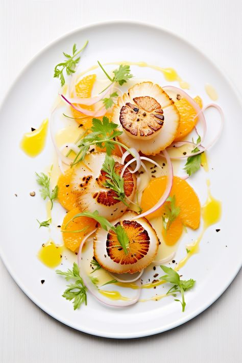 "Savory Seared Scallops with Refreshing Fennel and Orange Salad: A Mediterranean Delight for Food Lovers" #mediterraneandiet Seared Scallop Appetizer, Lunch Fine Dining, Fine Dining Mediterranean Food, Fine Dine Plating, Scallop Fine Dining, Mediterranean Starters, Fine Dining Fish Recipes, Summer Fine Dining, Fine Dining Starters Appetizers