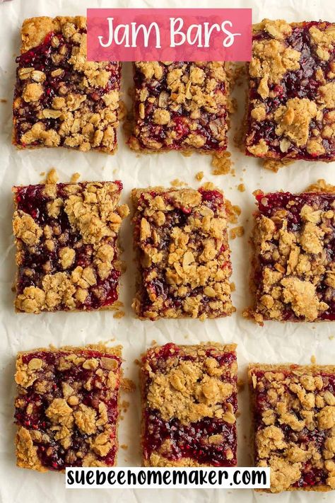 Oatmeal Raspberry Jam Bars are a one bowl recipe, consisting of a simple jam layer sandwiched between two layers of oatmeal crumble. A perfect breakfast bar, snack, or dessert for any time of day! Raspberry Jam Bars, Oatmeal Jam Bars, Homemade Oatmeal Bars, Oatmeal Raspberry, Nutella Raspberry, Raspberry Oatmeal Bars, Raspberry Crumble Bars, Raspberry Breakfast, Oatmeal Bars Healthy