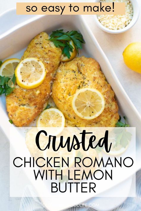 This Easy Crusted Chicken Romano Recipe is a tender, juicy chicken cutlet pounded, coated with Romano and Parmesan Cheese, and sauteed in lemon butter sauce. This simple, delicious recipe with a crispy coating is packed with flavor and tastes lovely! It’s a recipe you and your whole family will enjoy. Lemon Chicken Romano, Chicken Romano Recipe, Crusted Chicken Romano, Chicken Romano, Breaded Chicken Cutlets, Italian Diet, Chicken Cutlet, Inflammatory Recipes, Lemon Butter Sauce