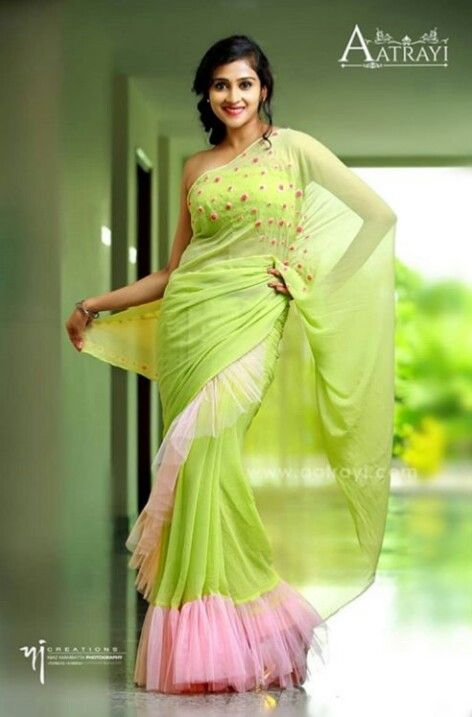 Designer Light Green Saree With Handwork On It. To Customised this garment log on to www.prasang.in Pista Green Contrast Colour, Saree And Sleeveless Blouse, Green Designer Saree, Light Green Saree, Embroidery Portfolio, Saree Contrast Blouse, Bridal Outfit Ideas, Sleeveless Blouse Designs, Trendy Saree