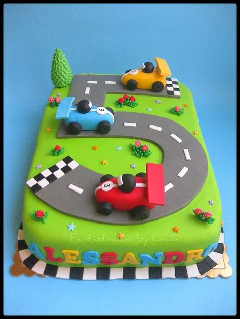 We did this cake for my Grandson last year with Cars the Movie toy vehicles on it. He loved playing with them latter :-) Lightning Mcqueen Birthday Cake, Race Car Cakes, Disney Birthday Cakes, Car Party, Car Cake, Kids Cakes, Boy Birthday Cake, Cake Designs Birthday, Cakes For Boys