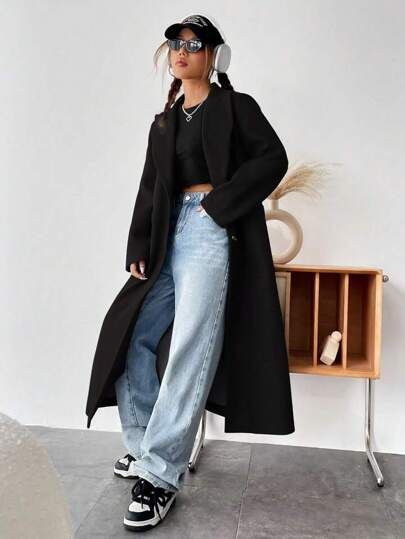 Black Over Coat Outfit, Long Coat Outfit Women, Black Overcoat Outfit Women, Overcoat Outfit Women, Black Coat Outfit, Long Coat Outfit, Outfit Grunge, Black Overcoat, Long Outfit