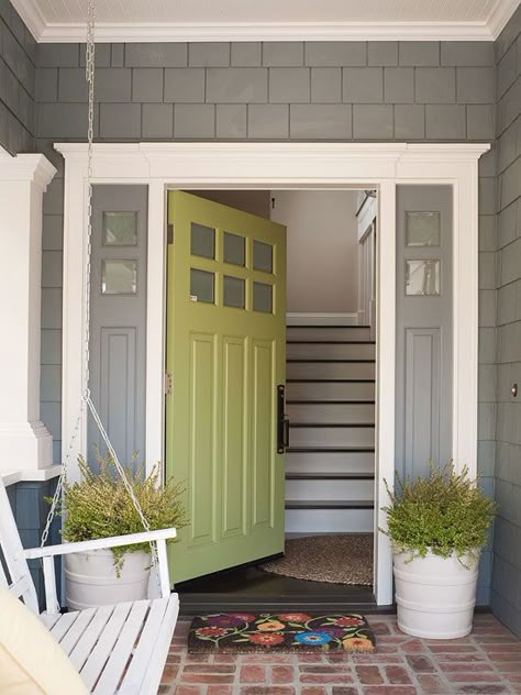 We love this avocado-green door! Tour this family-friendly home here: http://www.bhg.com/home-improvement/remodeling/additions/family-friendly-home-makeover/?socsrc=bhgpin072012avocadogreendoor#page=2 Front Porch, Front Door, Porch, Green, Color