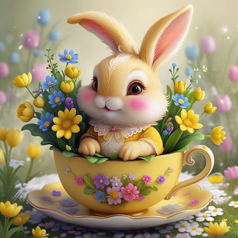 Easter Bunny Pictures, Creative Easter Eggs, Tea Cup Design, Bunny Images, Happy Easter Everyone, Easter Images, Cute Animal Illustration, Easter Pictures, Gemstone Art