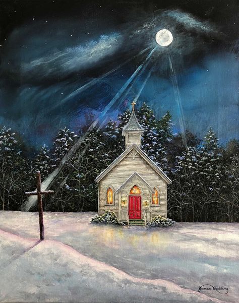 "Searching for a unique gift or special artwork for your home? This original painting \"Little White Church\" is the perfect option. This small work is hand-painted on 1\" canvas and signed personally by me. The attention to detail is sure to stand out and enhance any home decor. Image Size: 16\" x 20\" Your painting will be packaged carefully with foam corners and bubble wrap and shipped in a sturdy cardboard container. Please contact me if you have any questions. Thank you for looking!" Painting Night Sky, Cross Painting, Church Painting, Old Country Churches, Moonlight Painting, Night Sky Painting, Church Pictures, Christmas Church, Barn Painting