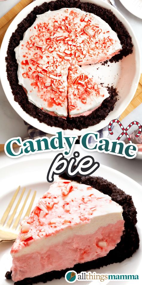 Candy Cane Pie collage image. Christmas Pie Recipes Holidays, No Bake Candy Cane Pie, Candy Cane Pie Recipe, Peppermint Pie Recipe, Candy Cane Desserts, Peppermint Pie, Candy Cane Pie, Cookie Crumb Crust, Christmas Pies