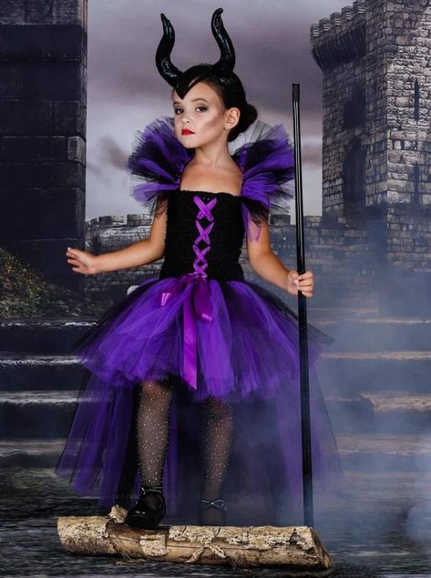 Popular Girls Halloween Costumes, Maleficent Dress, Halloween Tutu Dress, Rhinestone Tights, Sibling Costume, Tutu Dress Costumes, Halloween Costumes To Make, Maleficent Costume, Purple Tulle