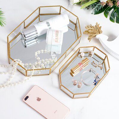 Geometric Tray, Mirror Vanity Tray, Gold Tray, Organizer Makeup, Makeup Brush Storage, Vanity Organization, Glass Cube, Mirror Tray, Glass Vanity