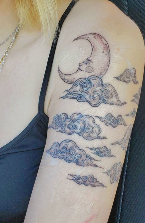 Cloud Arm Tattoo Half Sleeves, Moon Cloud And Stars Tattoo, Celestial Cloud Tattoo, Cloud And Bird Tattoo, Black And White Cloud Tattoo, Cloud Hip Tattoo, Cloud Leg Tattoo, Blue Cloud Tattoo, Moon Jelly Tattoo