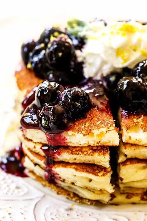 Lemon Ricotta Pancakes with Blueberry Sauce (Make Ahead & Freezer Instructions)