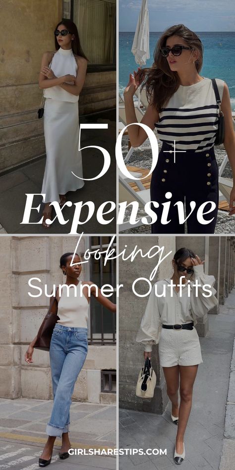 50  Simple Chic Summer Outfits to Look Expensive and Elegant | Summer Fashion Trends Raining Outfit Summer, Sophisticated Summer Outfits Casual, Luxury On A Budget Fashion, Elegant Summer Looks, Rich Mom Aesthetic Outfits Summer, Classic Vacation Outfits, Vacation Outfits Minimalist, Outfits That Make You Look Rich, Elegant Beach Outfit Classy