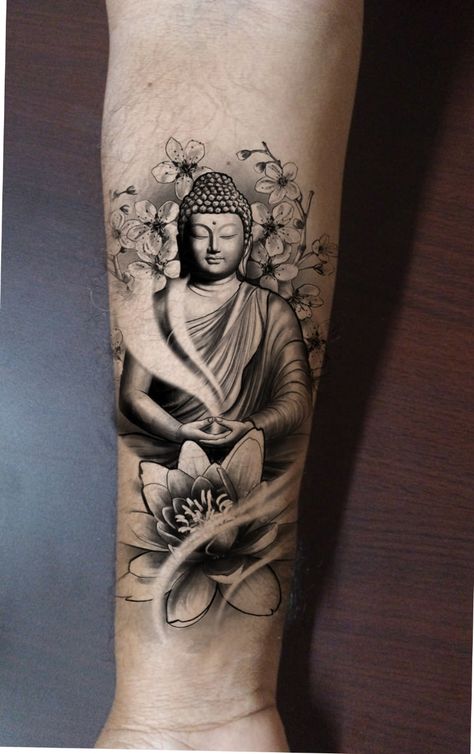 Buddha Tattoo Thigh, Meditating Buddha Tattoo, Bhairava God Tattoo, Buddha And Mandala Tattoo, Buddha Statue Tattoo, Buddha Tattoos For Women, Buddha Tattoo Forearm, Buddha Flower Tattoo, Zen Tattoo For Women