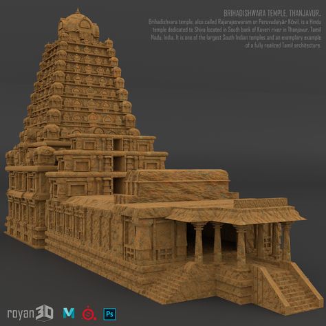 Tanjore temple 3d model. Locally known as the Thanjavur Periya Kovil, this temple is devoted to Lord Shiva and is one of the largest temples in India. King Raja Raja Cholan had this temple built between 984 A.D. and 1010 A.D. The temple shows the creative skills and affluence of the Chola kingdom. Temple Cartoon, Tanjore Big Temple, Tanjore Temple, Kaveri River, Hindu Mythology Art, Tamil Architecture, Big Temple, Fire Lion, Historical Sculptures