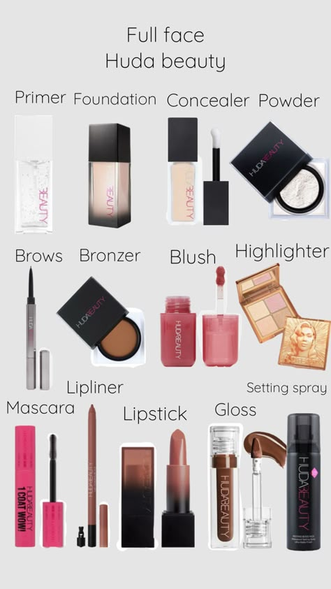 #shuffel #makeup #hudabeauty #fullface #makeupproducts Full Face Makeup Products List, Full Makeup Kit List, Huda Beauty Products, Curly Hair Makeup, Evening Eye Makeup, Makeup Routines, Huda Beauty Makeup, Full Makeup, Makeup Board