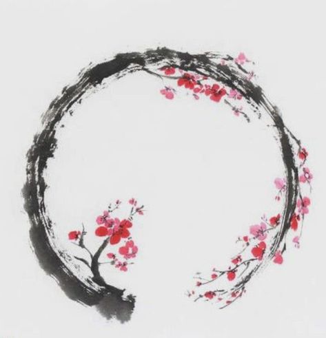 Zen Circle Tattoo Ideas, Abstract Cherry Blossom Tattoo, Wabi Sabi Tattoo Ideas, Sakura Tattoo Design, Wabi Sabi Tattoo, Enso Tattoo, Sakura Dragon, Token Border, Zen Tattoo