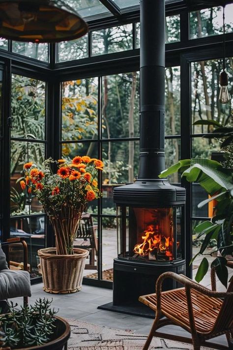 Cozy Sunroom Fireplace Ideas for a Warm Retreat Green House With Fireplace, All Season Room With Fireplace, Rustic 3 Season Room Ideas, Solarium With Fireplace, Sunroom With Jacuzzi, Conservatory With Fireplace, Interior Design Sunroom, Sunroom Fireplace Ideas, Fireplace In Sunroom