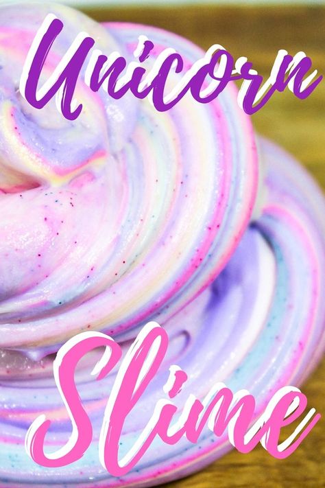 Glittery & fluffy unicorn slime recipe -- without borax. #Unicorn #Slime #UnicornSlime #SlimeRecipe #HowToMakeSlime #UnicornParty #UnicornLover #UnicornIdeas #FluffySlime #KidsActivities #UnicornBirthday Unicorn Slime Recipe, Slime At Home, Unicorn Slime, Mermaid Slime, Fluffy Unicorn, Borax Slime, Galaxy Slime, Unicorn Craft