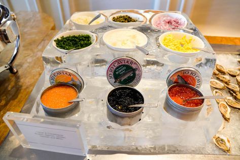 Caviar Bar at The Ritz-Carlton, Grand Cayman #rcmemories @katiesbliss Caviar Tasting Party, Caviar Station Wedding, Caviar Bar Wedding, Champagne And Caviar Party, Caviar Serving Ideas, Caviar Board, Caviar Station, Caviar Tasting, How To Serve Caviar