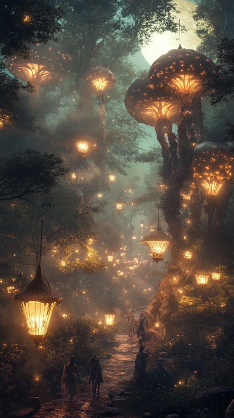 A dreamlike forest with floating lanterns and giant, bioluminescent mushrooms, bathed in a soft glow of a ghostly moon, as ethereal creatures dance softly in the mist. Fairy Land Magical Forest, Bioluminescent Forest, Bioluminescent Mushrooms, Ghost Forest, Floating Lanterns, The Mist, Magical Forest, Fairy Land, Light Art