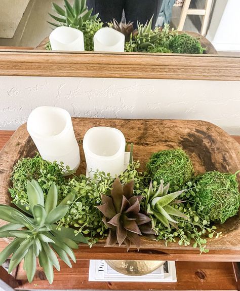 Dough Bowl On Mantle, Dough Bowl Styling, Dough Bowl Centerpiece Summer, Styling A Dough Bowl, Summer Dough Bowl Decor, Bread Bowl Decor Centerpieces, Large Bowl Decor Ideas, Wooden Dough Bowl Centerpiece, Wood Bowls Decor Ideas