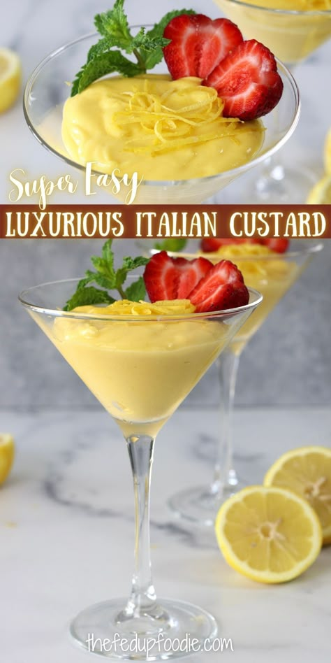 Zabaglione is an easy and elegant Italian custard that comes together very quickly and can be eaten warm or cold. This dessert is delicious served with berries and is a main component of Limoncello Tiramisu or traditional Tiramisu. #ItalianDessertsEasySimple #EasyImpressiveDessert #EasyElegantDesserts #ClassyDesserts #LimoncelloZabaglione #AuthenticItalianDesserts #EasyZabaglione Limoncello Cream Puffs, Limoncello Recipes Desserts, Italian Custard Desserts, Limoncello Desserts Italian, Recipes Using Limoncello, Light Italian Desserts, Authentic Italian Dessert Recipes, Italian Lemon Desserts, Limoncello Recipe Desserts