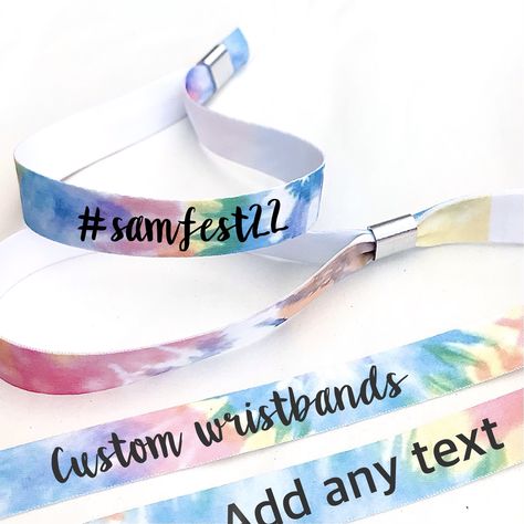 Personalised wristbands | Tie dye wristband | Add any text | Wedding wristbands | Festival wristbands | Favours Cute Personalized Wristband For Birthday, Customized Wristband For Birthday, Adjustable Wristband For Festivals, Unique Festival Wristband Bracelet, Wedding Wristbands, Festival Wristbands, Wristbands Festival, Party Wristbands, Text Wedding