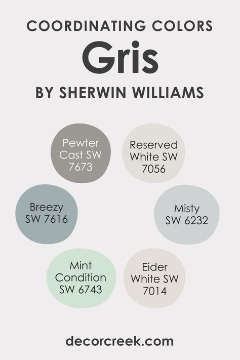 Coordinating Colors of SW 7659 Gris 1990s Decor, Eider White, Trim Color, Off White Color, Coordinating Colors, Sherwin Williams, In Space, Paint Color, The Cool