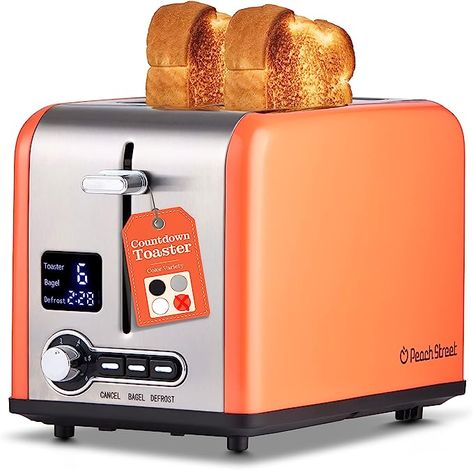 Amazon.com: Peach Street Slice Toaster Compact Bread Toaster with Digital Countdown, Wide Slots, Auto-Pop Stainless Steel, 6 Browning Levels, Removable Crumb Tray, with Defrost, Bagel, and Cancel Function (Peach, 2 Slice): Home & Kitchen Digital Countdown, Kitchen Cooking Appliances, Bread Toaster, Stainless Steel Toaster, Countertop Oven, Texas Toast, Cooking Appliances, Steel Design, Cooking Kitchen