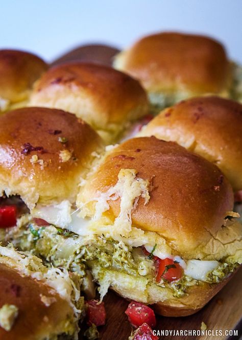 Caprese Sliders, Chicken And Basil, Pesto Appetizers, Pesto Chicken Salad, Basil Pesto Chicken, Chicken Pesto Sandwich, Baked Sandwiches, Pesto Sandwich, Chicken Pesto