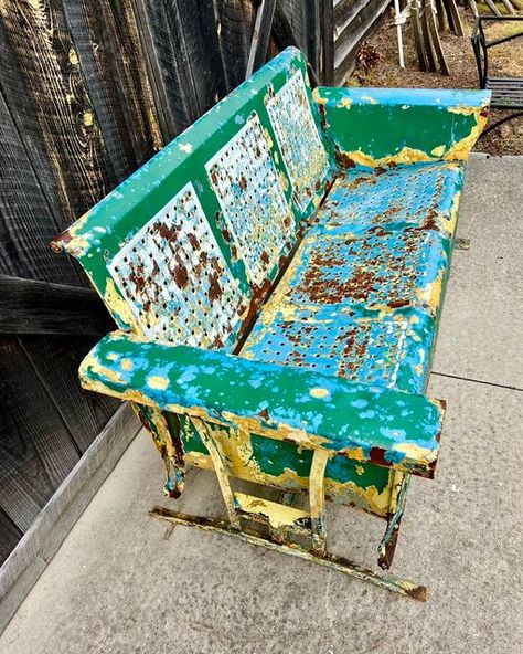 Chartreuse Barn on Instagram Vintage Metal Glider, Porch Glider, Porch Chairs, Porch Furniture, Metal Bench, Old Metal, Steel Chair, Matching Chairs, Outdoor Porch