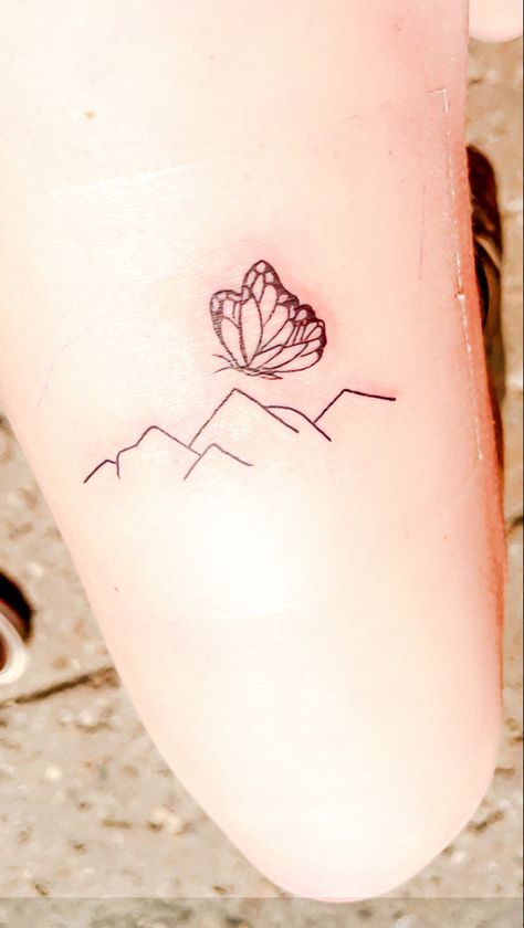 Butterfly And Mountain Tattoo, Mountain Butterfly Tattoo, Butterfly With Flowers Tattoo, Mountain Drawing, Mountain Tattoo, My Tattoos, Monarch Butterfly, Butterfly Tattoo, A Tattoo