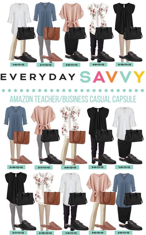 Stylish Casual Teacher Outfits or Fashionable Business Casual Outfits for women. This capsule wardrobe is perfect for school or the office. #capsulewardrobe #businesscasual #teacherstyle Casual Principal Outfits, Business Casual Outfits For Medical Office, Casual Work Outfits Capsule, Teacher Outfits Private School, Women's Business Casual Shoes, Corporate Attire Casual, Outfits For Principals, Womens Business Casual Capsule Wardrobe, Business Casual Event Outfits For Women