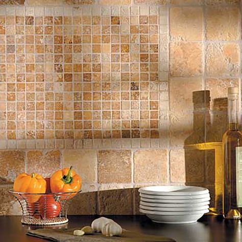 Ivory Tumbled Travertine Mosaics from the Ivory Collection #marblesystems Mediterranean Kitchen Tiles, Travertine Backsplash Kitchen, Modern Kitchen Tile Floor, Popular Flooring, Ivory Travertine, Travertine Backsplash, Kitchen Backsplash Designs, Colonial Design, Dream Kitchens Design