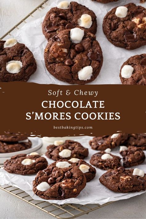 Indulge in the ultimate treat with Chocolate S'mores Cookies! 🍫🔥 Gooey marshmallows, crunchy graham crackers, and luscious chocolate come together in one irresistible cookie. It's a delicious twist on the classic American favorite that will leave you craving more. Get ready to satisfy your sweet tooth! #ChocolateSmoreCookies #DeliciousTwist #SweetIndulgence 🍪🤤 Smores Cookies Chocolate, Chocolate S’more Cookies, Chocolate Smores Cookies Recipes, Double Chocolate Smores Cookies, Brownie Marshmallow Cookies, Insomnia Smores Cookies Recipe, S’mores Chocolate Cookie, Chocolate S’mores Cookies, Cookie Recipes Smores