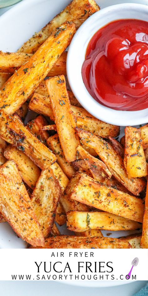 These crispy cassava fries (yuca fries) are loaded with your favorite spices and are incredibly easy to make. They are seriously good! A healthy air fryer recipe that makes addictive yuca fries in minutes! #cassavafries #yucafries #savorythoughts @Msavorythoughts Fried Yucca Air Fryer, Air Fryer Yuca Fries, Yuca Air Fryer, Yuca Frita Air Fryer, Yucca Fries Air Fryer, Fried Yuca Fries, Yuca Fries Air Fryer, Yuka Fries, Fried Yucca